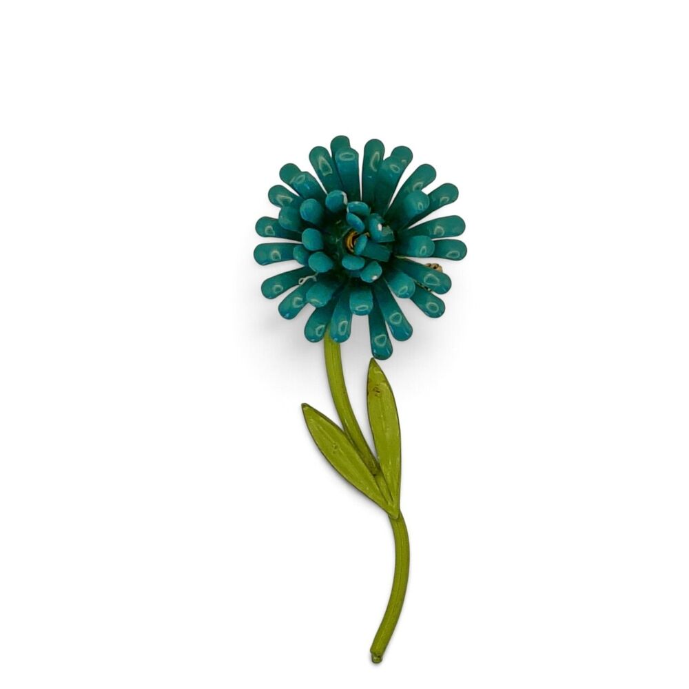 Vtg Estate Painted Metal Blue Mum Daisy Stem Leaves MCM Flower Brooch 2.75"